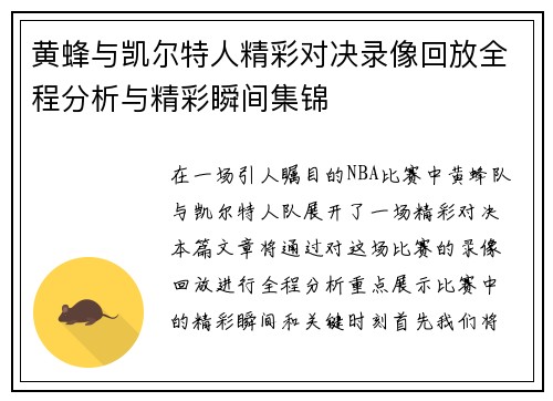 黄蜂与凯尔特人精彩对决录像回放全程分析与精彩瞬间集锦